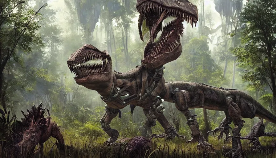 Prompt: A part machine part dinosaur hybrid of a T-Rex strolling along a lush green forest in the style of the playstation 5 game Horizon Zero Dawn world, half robot T-Rex, sci-fi concept art, highly detailed, oil on canvas by James Gurney