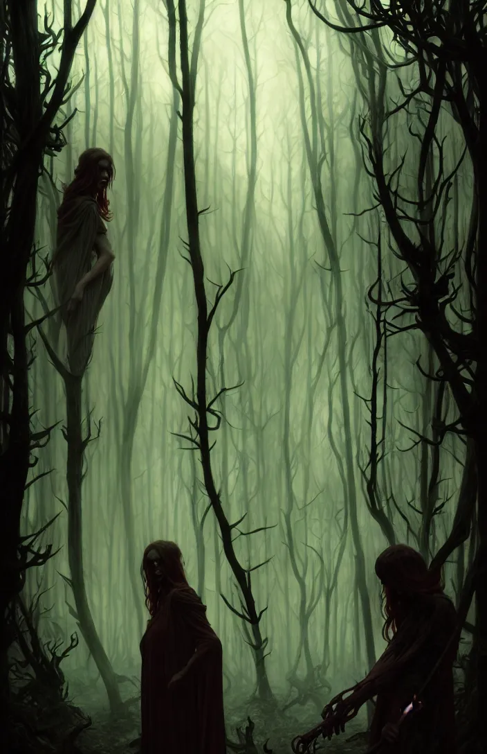 Image similar to shadow people inside a dark horror forest, heroic lighting, folklore, intricate, highly detailed, lifelike, photorealistic, digital painting, artstation, illustration, concept art, smooth, sharp focus, art by John Collier and Albert Aublet and Krenz Cushart and Artem Demura and Alphonse Mucha