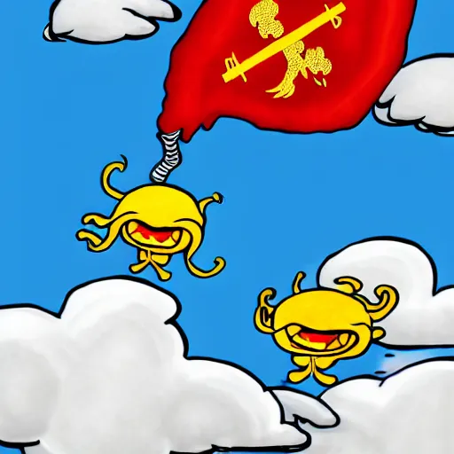 Prompt: flying spaghetti monster in the clouds with hammer and sickle