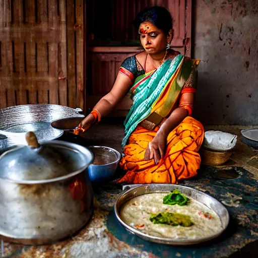 Image similar to A Bengali woman in a saree cooking at the stove while several Bengali dishes are served on the table beside her. The picture must be warm and rustic and nostalgic.