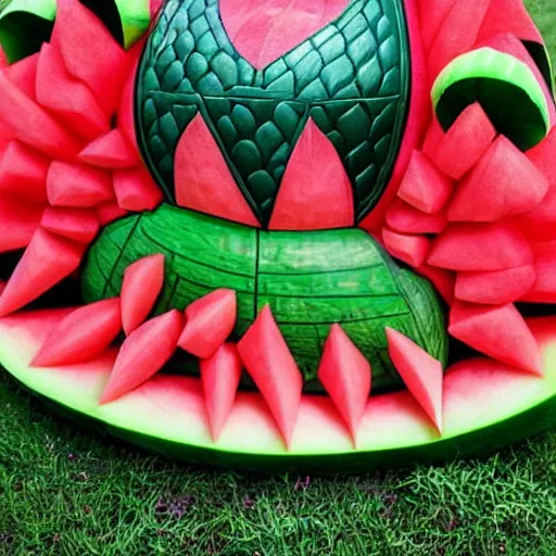 Image similar to an elaborate watermelon carving that looks like a batmobile made out of specially carved watermelon parts, spread out on a party platter ready for guests, photography, food and garden magazine,