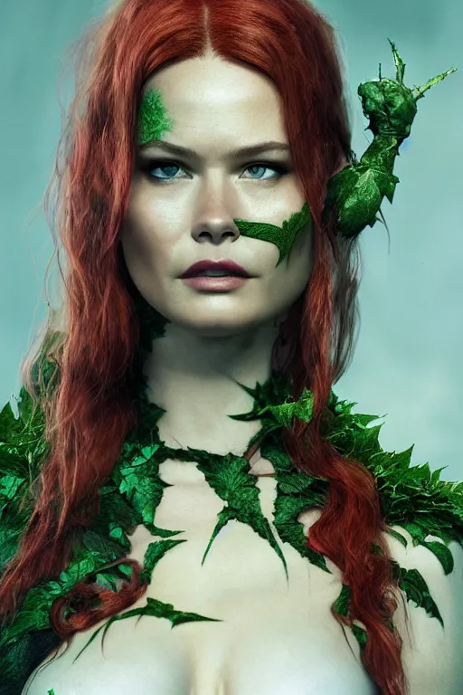 Prompt: Portrait of Behati Prinsloo as Poison Ivy with an evil smile and making a duck face, in Batman movie still cinematic, artstation, Greg rutkowski, UHD 8K