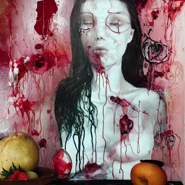 Prompt: “ sensual, a portrait in a female art student ’ s apartment, broken glass, bagels, brain, fresh fruit, anatomical textbook, berries, scientific glassware, art materials, candle dripping white wax, berry juice drips, neo - expressionism, surrealism, acrylic and spray paint and oilstick on canvas ”