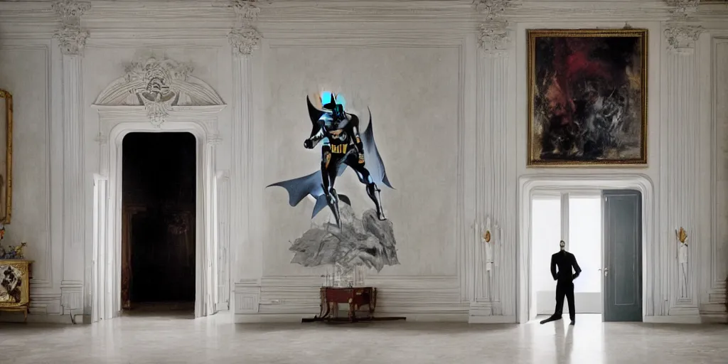 Image similar to Batman standing in giant Italian modern castle living room, clean minimalist design, that is 1300 feet tall, with very tall giant walls filled with modern art paintings, doors that are cosmic portals, photo by Annie Leibovitz