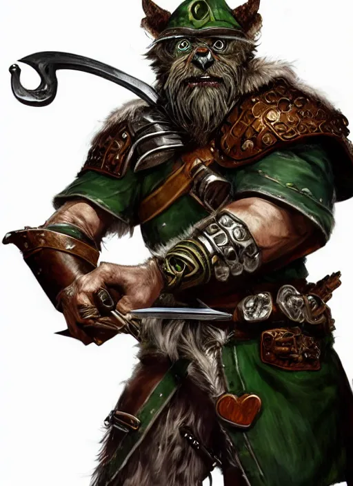 Image similar to strong young man, photorealistic bugbear ranger holding sword, fire magic, black beard, dungeons and dragons, pathfinder, roleplaying game art, hunters gear, jeweled ornate leather and steel armour, concept art, character design on white background, by norman rockwell, makoto shinkai, kim jung giu, artstation trending, poster art, colours red and green