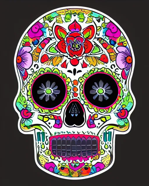 Prompt: dia de los muertos theme multicolor line art sticker in the styles of artemio rodriguez, lisa brawn, and gustave bauman, intricate, hyperrealistic, accurate facial details, profile picture, hard outline, vector graphic, whitespace border