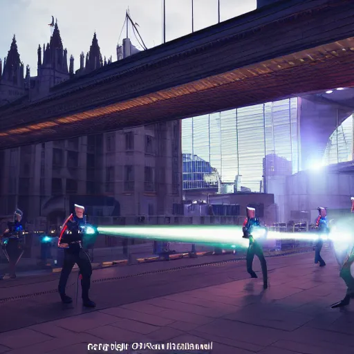 Image similar to british royal guard androids firing lasers, futuristic look, highly detailed, photorealistic camera shot, crisp quality and light reflections, in london bridge, futuristic city, ambient occlusion, cinematic lighting, octane render