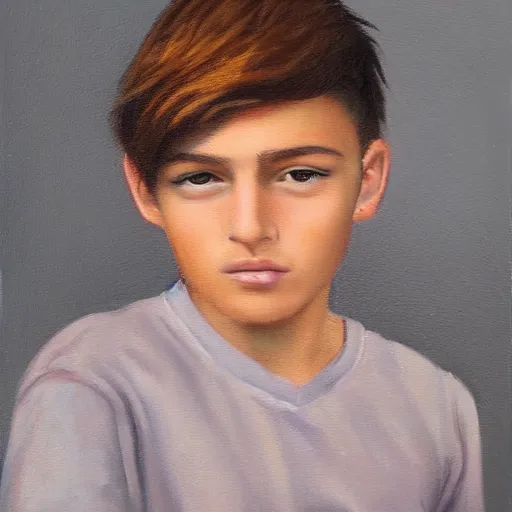 Prompt: beautiful oil painting of a teenage boy with short side part light brown hair and brown eyes