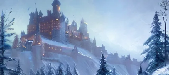 Image similar to a painting of a castle in the middle of a snowy mountain, a detailed matte painting by andreas rocha and greg rutkowski, featured on artstation, fantasy art, matte drawing, matte painting, artstation hq