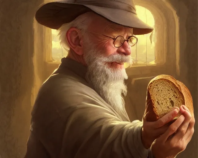 Image similar to an old man taking a selfie with a loaf of bread, deep focus, d & d, fantasy, intricate, elegant, highly detailed, digital painting, artstation, concept art, matte, sharp focus, illustration, hearthstone, art by artgerm and greg rutkowski and alphonse mucha