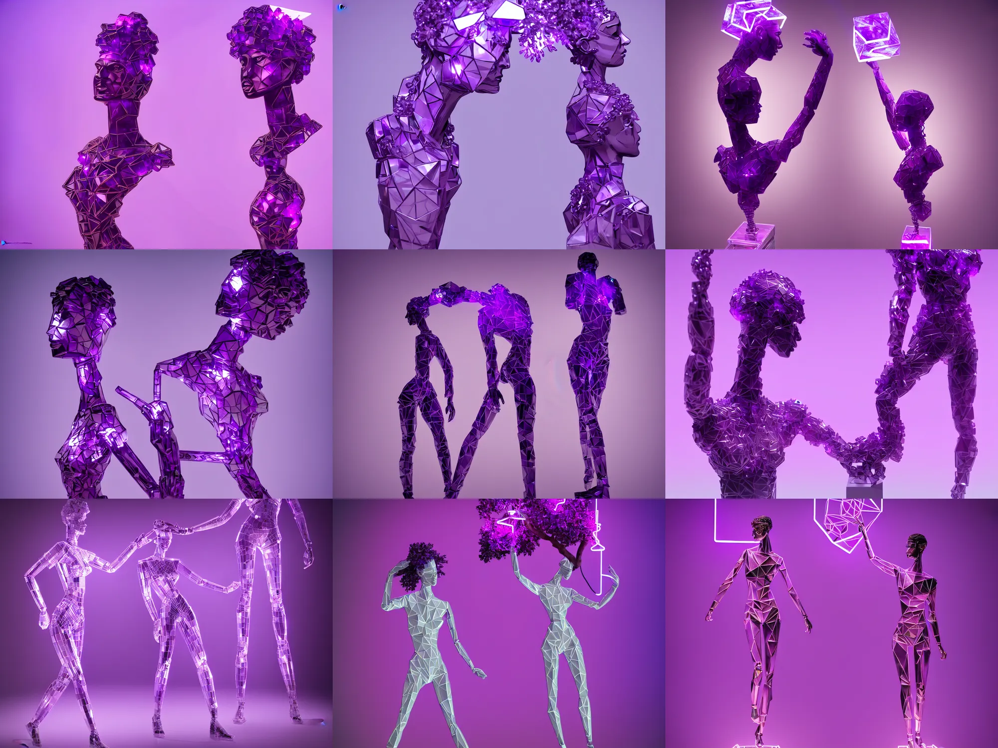 Prompt: beautiful mannequin sculpted out of amethyst by billelis + lit with purple 3 d geometric neon + chrome geometric cubed bonsai plants!!!!, doorway opening with neon pink geometric light, clean linework, dramatic, insanely detailed, rule of thirds, moody, confident, award winning, 4 k, trending on artstation, photorealistic, volumetric lighting, octane render