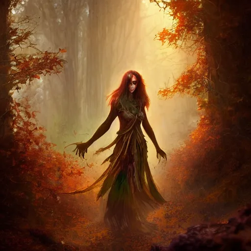 Image similar to cinematic portrait of a, dryad priestess, inspired by brian froud, inspired by dungeons and dragons, in an evening autumn forest, art station, sunset evening lighting, ominous shadows by jessica rossier and greg rutkowski