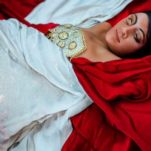 Image similar to detailed closeup photo of beautiful moroccan woman lying bare on silky red sheets. canon dslr 5 d.. cinematic