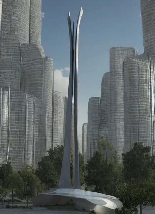 Prompt: highly detailed realistic architecture 3 d render of a futuristic tall stele monument in zaha hadid style standing in city park, archdaily, made in unreal engine 4 octane render