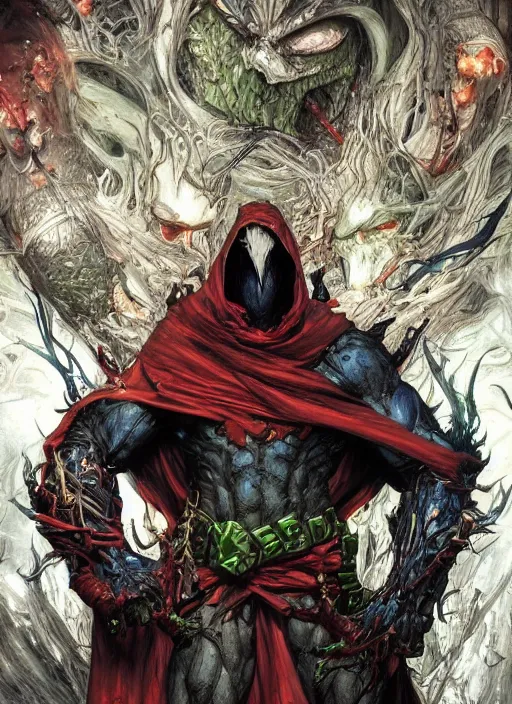 Image similar to first issue of spawn comic book cover art, au naturel, hyper detailed, digital art, trending in artstation, cinematic lighting, studio quality, smooth render, unreal engine 5 rendered, octane rendered, art style by klimt and nixeu and ian sprigger and wlop and krenz cushart