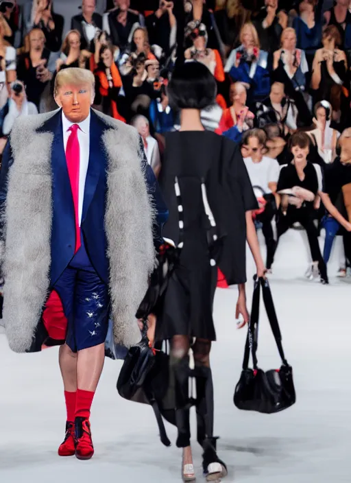 Image similar to hyperrealistic and heavy detailed Balenciaga runway show of DONALD TRUMP , Leica SL2 50mm, vivid color, high quality, high textured, real life
