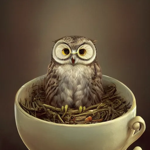 Image similar to long shot of a very cute owl chick nesting in a very romantique cup, by esao andrews, by james jean, marc simonetti, by victo ngai, humorous illustration, hyperrealistic, big depth of field, warm colors, night scenery, dim light, 3 d octane render conceptart, 4 k, hyperdetailed, trending on artstation