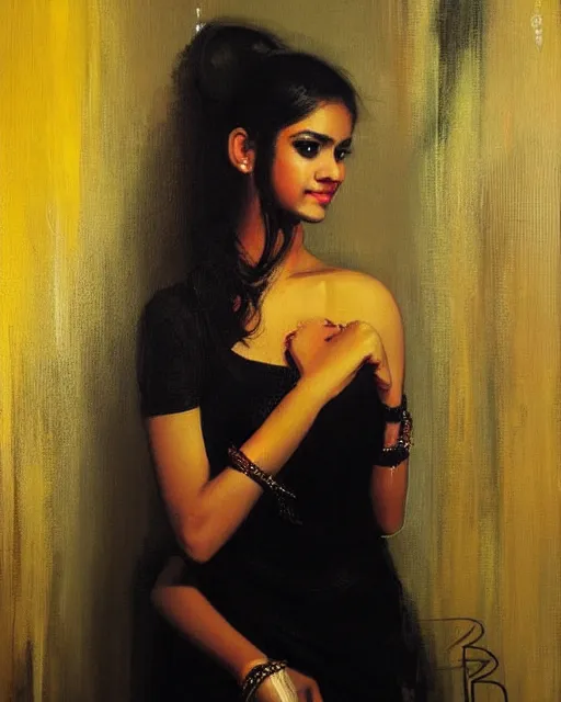 Prompt: beautiful portrait painting an gorgeous sensual delhi girl wearing a little black dress at a nightclub, red lighting, oil painting, art by ruan jia