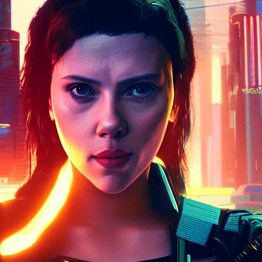 Prompt: scarlett johansson after a bad mission in Cyberpunk 2077. CP2077. 3840 x 2160