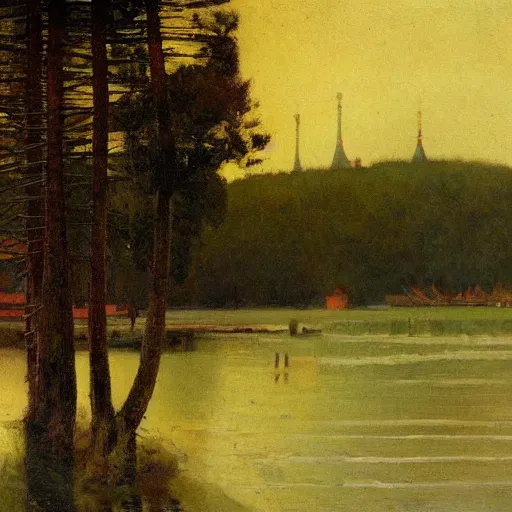 Prompt: uncanny russian 1920's Paris hexagon coot fir tree oboe estuary , by Juan Giménez and Eleanor Vere Boyle and George Inness , panorama , trending on artstation , line art