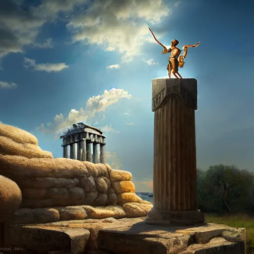 Image similar to tiny greek goddess in steel helmet standing on a giant greek bearded male head, greek temple of olympus glory island, late afternoon light, wispy clouds in a blue sky, by frank lloyd wright and greg rutkowski and ruan jia