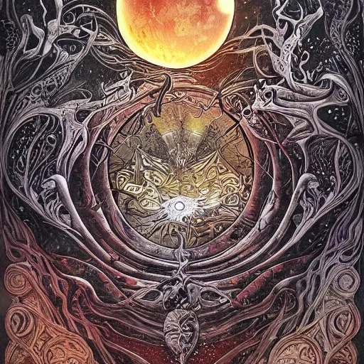 Image similar to art nouveau solar eclipse, chaos, night, rot, blood, epic art, dark souls, highly detailed and intricate, trending on artstation