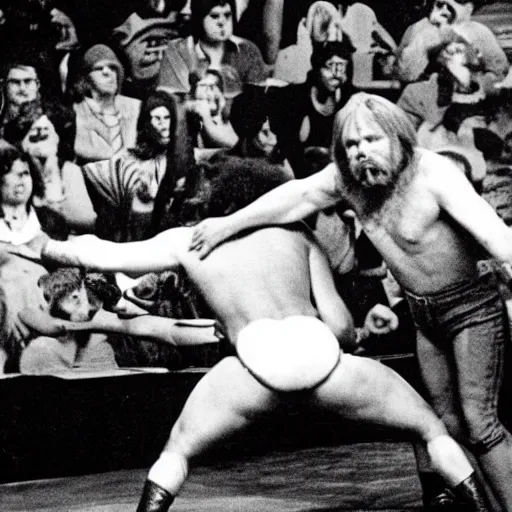 Image similar to maniac john dundee wrestling a bear. madison square garden, 1 9 7 2.