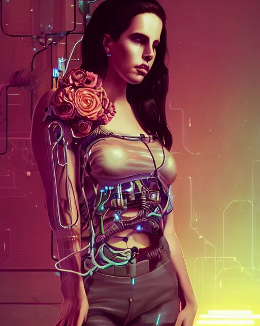 Image similar to portrait of lana del rey as a cyberpunk cyborg. roses, sci - fi, missing panels, intricate abstract upper body intricate artwork, by tooth wu, wlop, beeple, dan mumford. concept art, octane render, deviantart, greg rutkowski, cinematic, key art, hyperrealism, iridescent accents