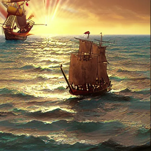 Image similar to arab pirate sailing the seven seas, God rays