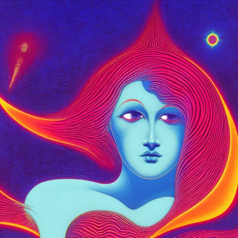 Image similar to androgynous angel radiating infinite psychic fractal waves, medium close - up, volcanic background, crescent moon, bright neon colors, highly detailed, hig resolution, cinematic, eyvind earle, tim white, philippe druillet, roger dean, lisa frank, aubrey beardsley, hiroo isono