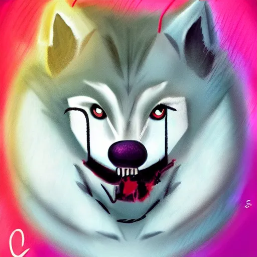 Prompt: cute fluffy werewolf covered in blood, pastel, digital art