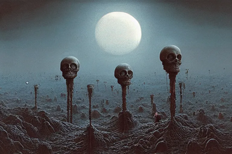 Prompt: a surreal and awe - inspiring science fiction landscape, skull - shaped moon, intricate, elegant, highly detailed matte painting by beksinski and simon stalenhag