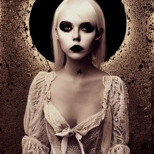 Image similar to modeling photograph kerli koiv in victorian dress, blonde, beautiful, dark, mysterious, bubble goth makeup, detailed symmetrical face, dramatic darkroom lighting high exposure