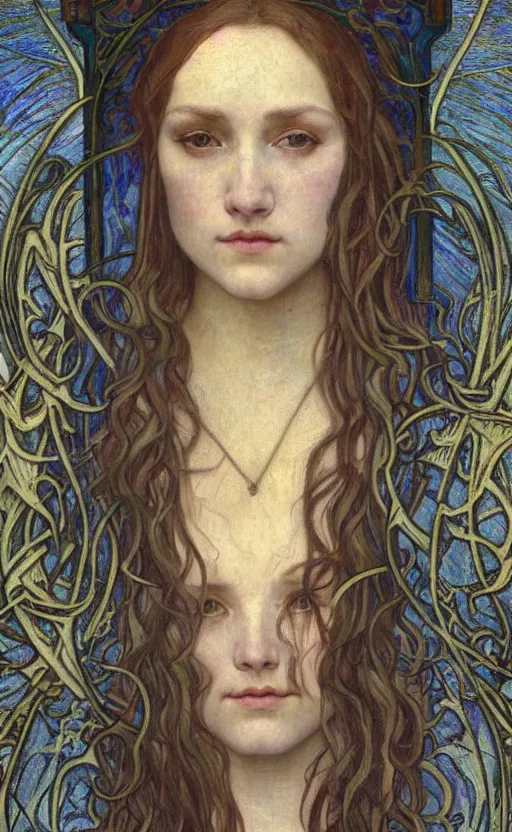Image similar to detailed realistic beautiful young medieval queen face portrait by jean delville, alphonse mucha, vincent van gogh, and marco mazzoni, art nouveau, symbolist, visionary, gothic, pre - raphaelite