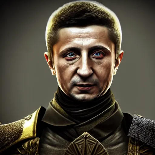 Prompt: Detailed portrait of Volodymyr Zelensky close to reality in 2022, in game style 8k in a detailed costume of an assassin from the computer game assassin, Vladimir Putin's face is noticeable in the blade of a dagger, on a white background,