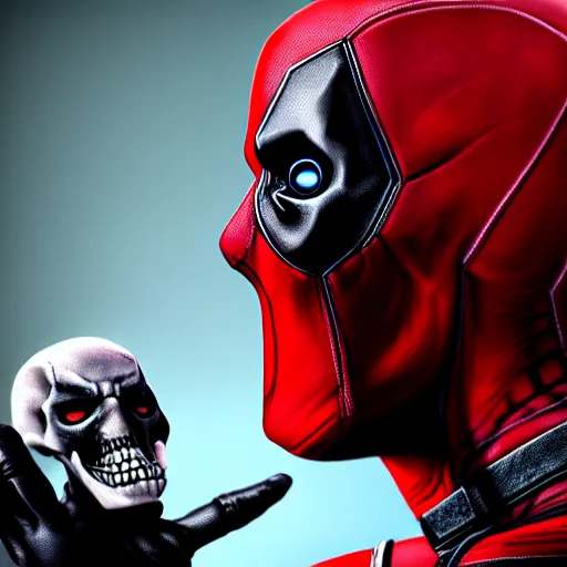 Image similar to Death drinking from deadpool\'s skull with deadpool laughing, 8k, cgsociety