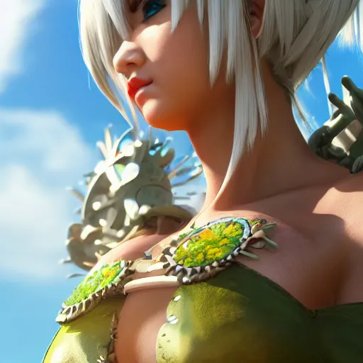 Image similar to a closeup photorealistic capture of 2 b nier auomata cosplay. tiki theme. bright scene. fine detail. this 4 k hd image is trending on artstation, featured on behance, well - rendered, extra crisp, features intricate detail, epic composition and the style of unreal engine.