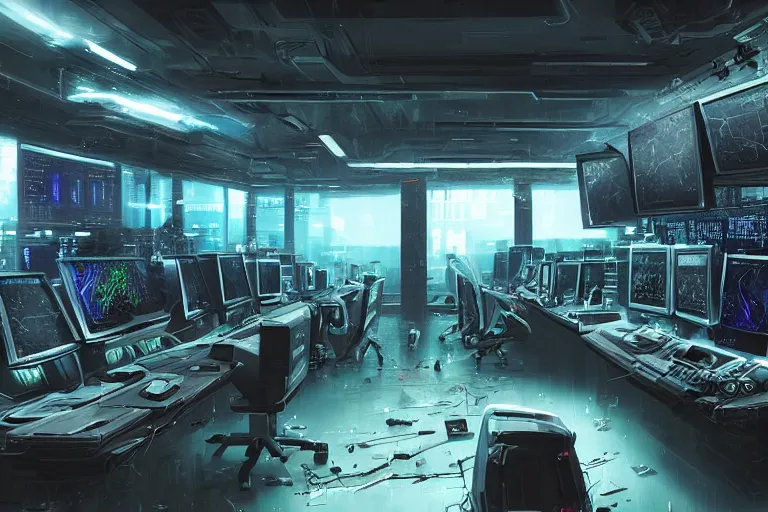 Image similar to a computer room filled with lots of monitors, cyberpunk art by ridley scott, cgsociety, retrofuturism, greeble, dystopian art, circuitry