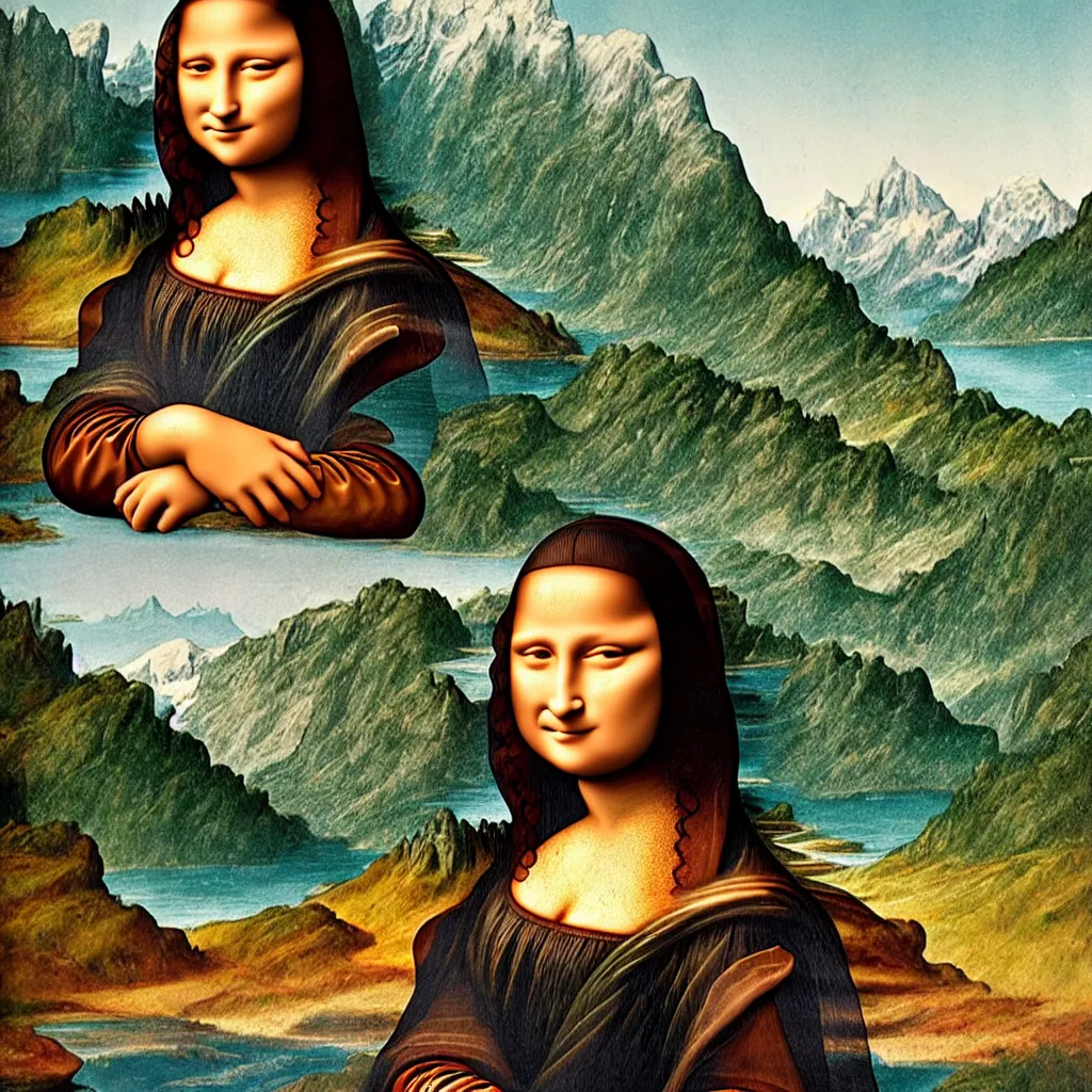 Prompt: A girl that looks like the mona lisa with beautiful switzerland landscape in the background