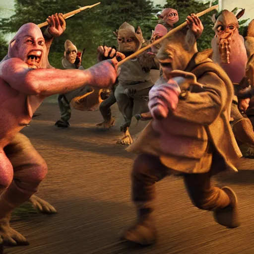 Prompt: A man wielding a ham fighting goblins, 4k HDR