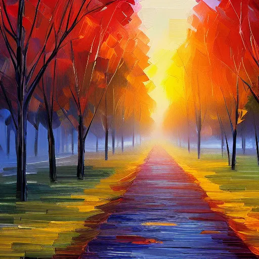 Prompt: tree-lined path at sunset, by Aenami Alena, Afshar Petros and Afremov Leonid