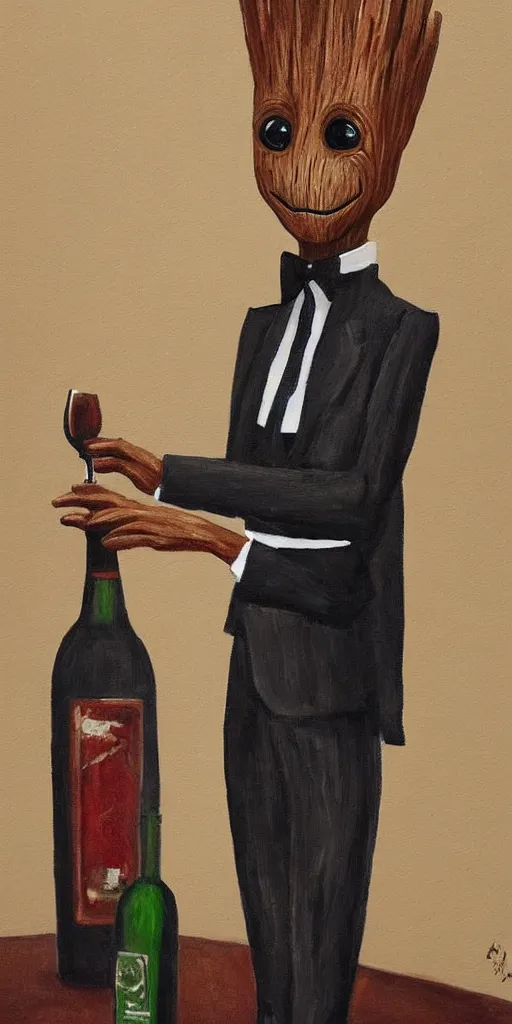 Image similar to portrait painting of the groot as a gentleman wearing tuxedo drinking wine, masterpiece, artwork