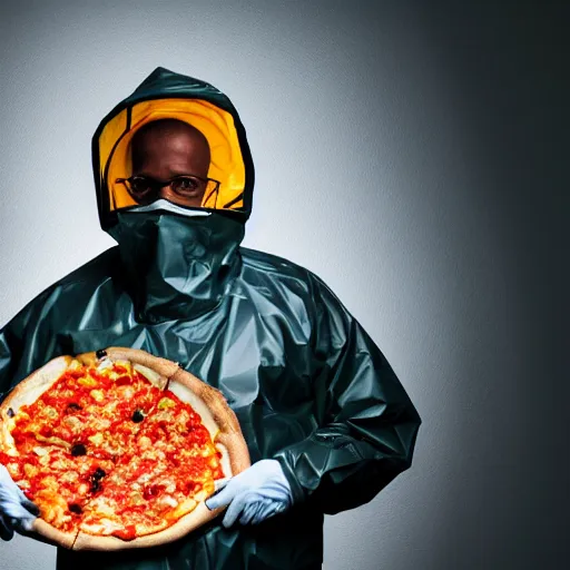 Prompt: a man wearing a hazmat suit holding a slice of pizza, studio lighting, tile background