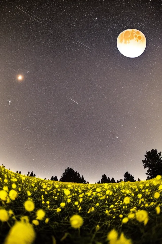 Prompt: low angle, shot from below. two very large moons in night sky. milky way in the night sky. 3 0 second shot. heavy meteor shower. field of big frozen yellow flowers. f 1. 8 lens, lens flare, bokeh. high detail