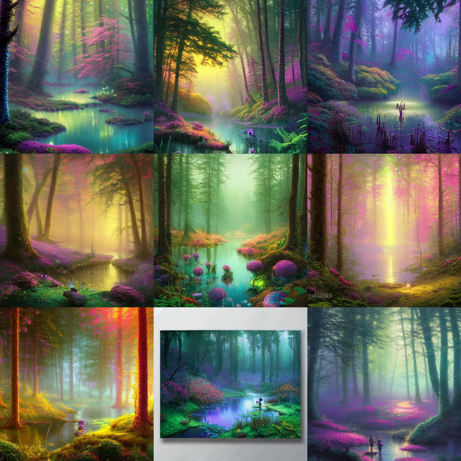 Prompt: photograph of a beautiful lake in a dense mystic forest, colored flowers, mystic hues, bioluminescence, breathtaking lights shining, psychedelic fern, tyndall effect, many fire flies, dense forest, foggy, 4k, Acid Pixie, by thomas kinkade and lee madgwick