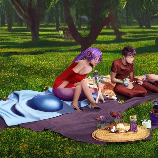 Prompt: having a picnic with my alien family, trending on artstation, 4 k photorealism, 4 k quality