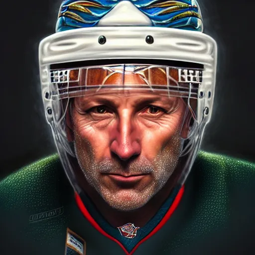 Image similar to beautiful portrait of hockey coach Clint Malarchuk, fantasy, intricate, elegant, highly detailed, digital painting, artstation, concept art, smooth, sharp focus, luxury fashion illustration, art by artgerm and greg rutkowski and alphonse mucha, brightly lit cinematic soft lighting, photorealistic