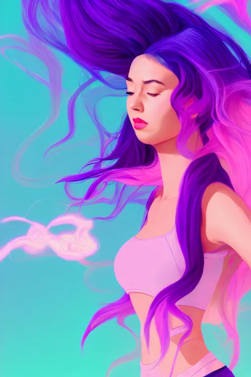 Image similar to a award winning half body porttrait of a beautiful woman in a croptop with ombre purple pink teal hairstyle with head in motion and hair flying, outrun, vaporware, shaded flat illustration, digital art, trending on artstation, highly detailed, fine detail, intricate