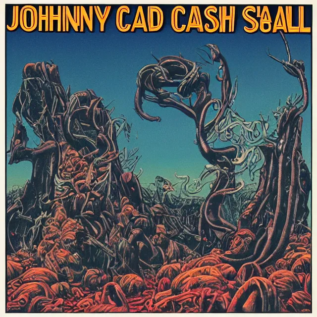 Image similar to album cover for Johnny Cash: The Snake Oil Tapes, album art by Ron Walotsky, snake oil album, snakes, no text