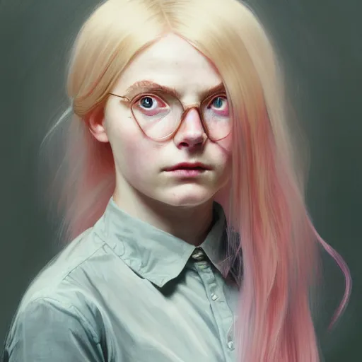 Image similar to portrait of a scottish teenage girl with pinkish blonde hair, glowing skin, awkward, nerdy, matilda lawler, dafne keen, fantasy, intricate, elegant, dress shirt, highly detailed, digital painting, artstation, concept art, smooth, sharp focus, illustration, art by Krenz Cushart and Artem Demura and alphonse mucha